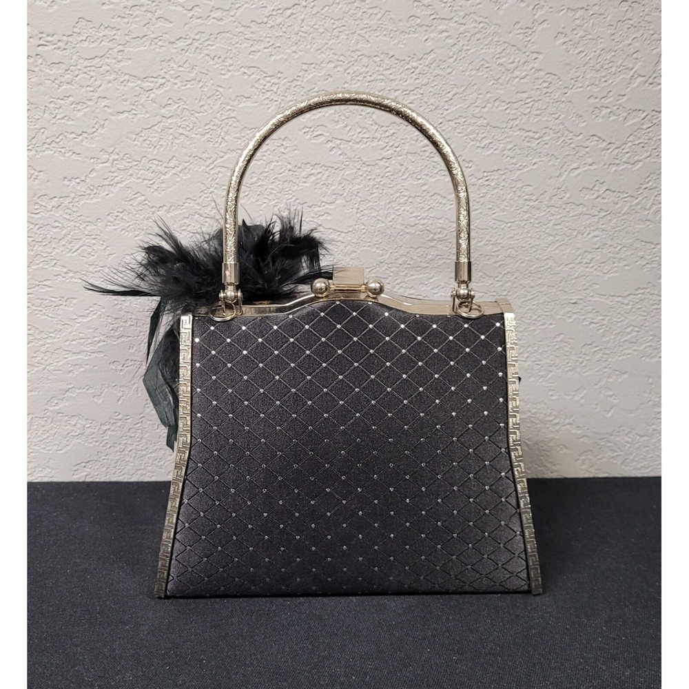 Women's Black Silver Accents Evening Handbag/Purse with Flower - Picture 2 of 8